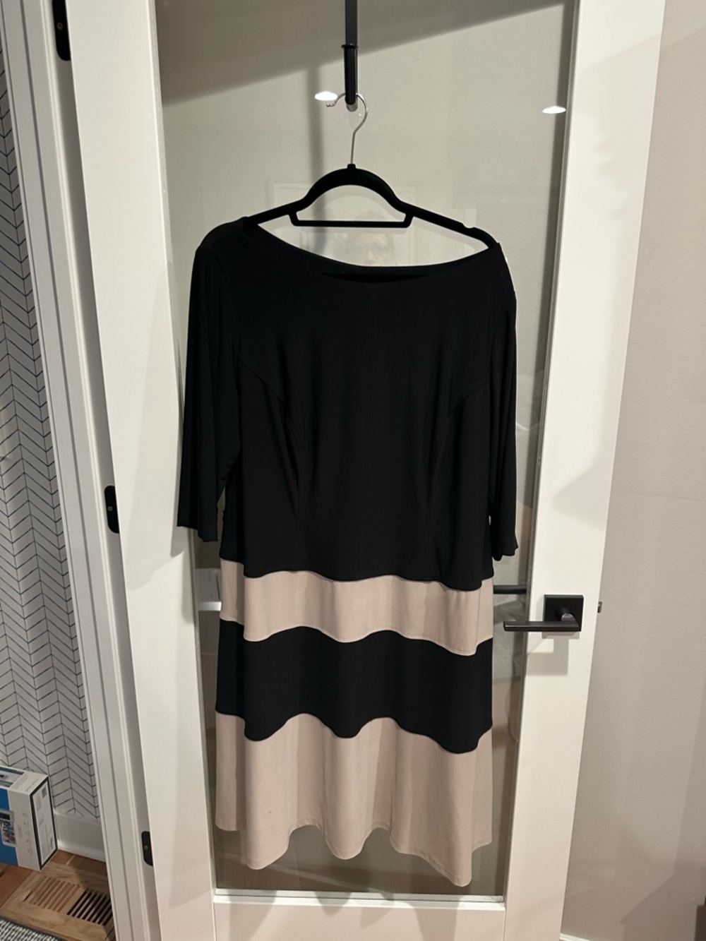 Chaps Black and Cream Striped Colorblock Midi Dress